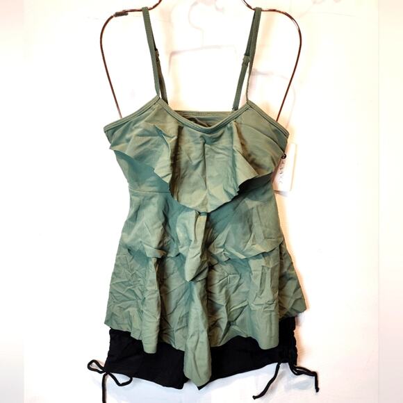 New Olive Green Black Swimsuit with Shorts Tankini Modest Bathing Suit Size XS - Picture 1 of 12